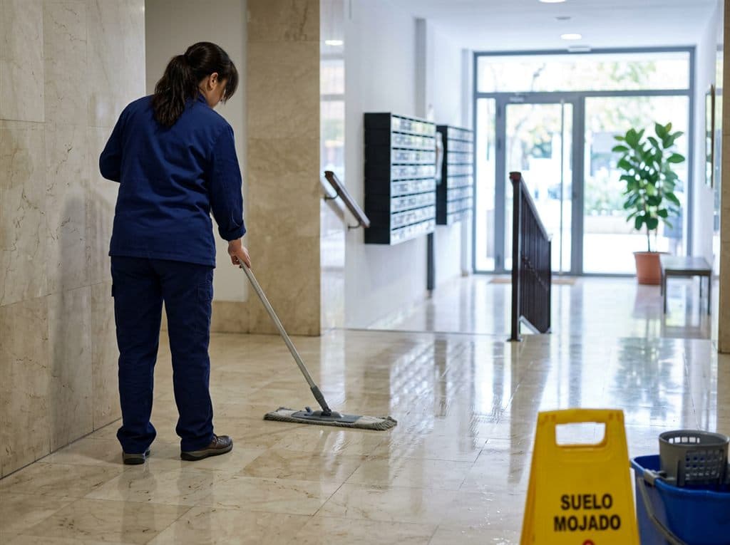 Operaria de Pro Clean fregando el suelo del portal de una comunidad de vecinos en Ferrol